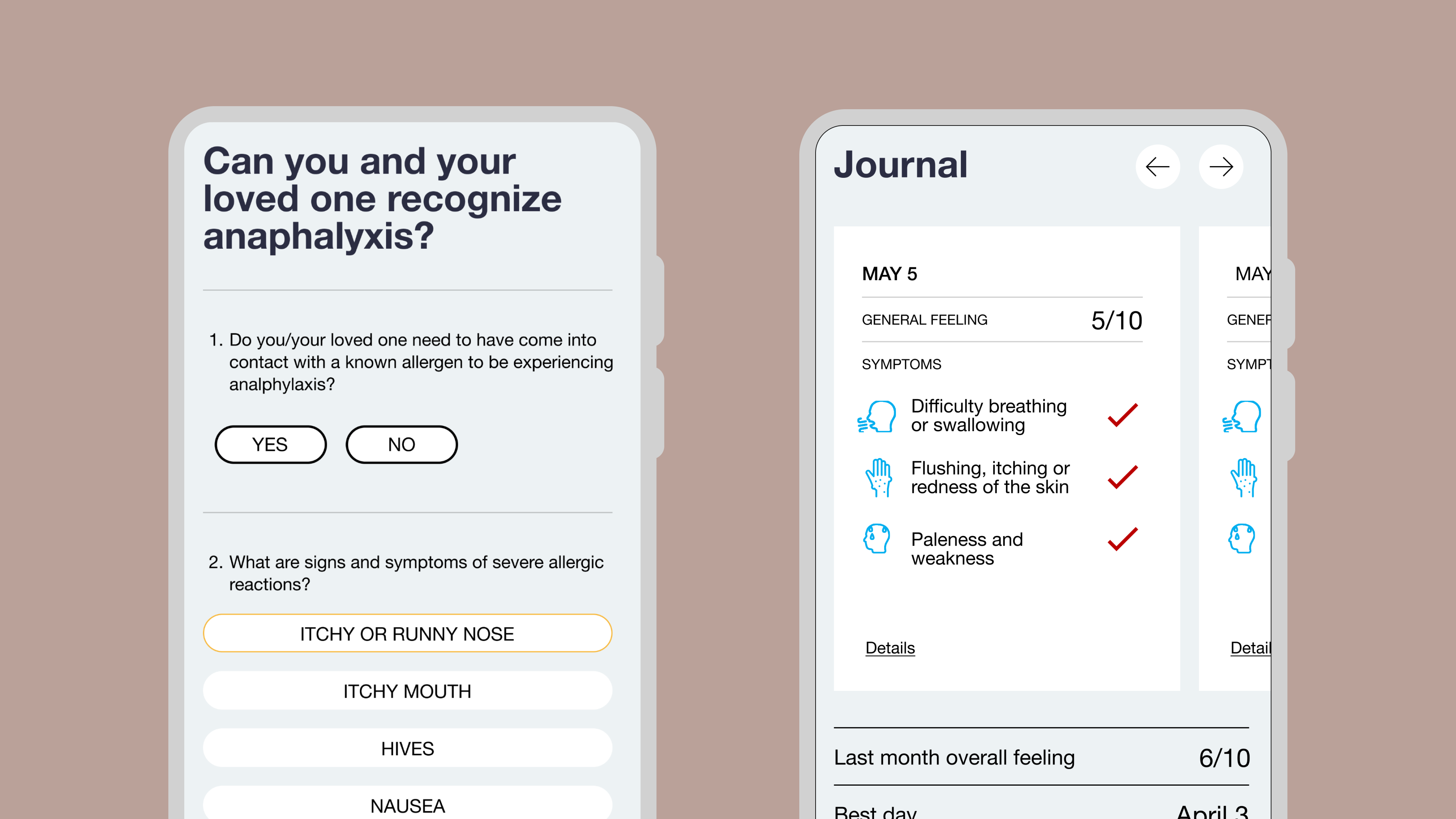 Two mobile devices showing the Epiguard gamified allergy management learning experience